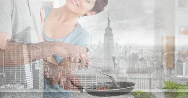 Sammansättning Par Kärlek Matlagning Köket Över Stadsbilden Globalt Rese Och — Stockfoto