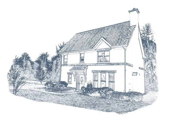 農村の家のイラストや白い背景にスペースをコピーします 家庭や文字空間の概念をデジタルで生成し — ストック写真
