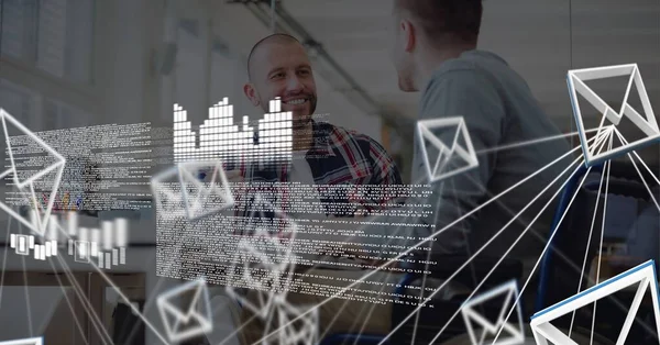 Composition of data processing, network of email icons over two businessmen talking in office. global online business, networking and digital interface concept digitally generated image.
