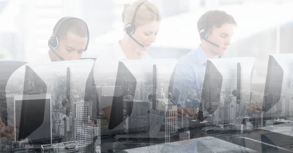 Composition Men Woman Wearing Phone Headsets Working Using Computers Cityscape — Stockfoto