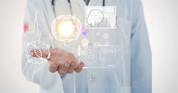 Composition of male doctor holding screen with medical data processing. global medicine and healthcare concept digitally generated image.