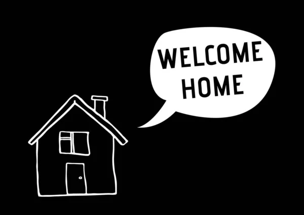 具有黑色背景房屋的语音泡沫中欢迎家庭语篇的组成 欢迎词和旅行概念数字生成的图像 — 图库照片