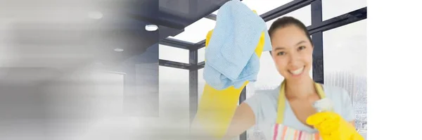Composition Siling Caucasian Woman Holding Cloth Wearing Yellow Cleaning Gloves — Stock Photo, Image
