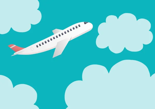 Kék Égen Repülő Repülőgép Illusztrációja Felhőkkel Háttérben Utazás Nyaralás Nyári — Stock Fotó
