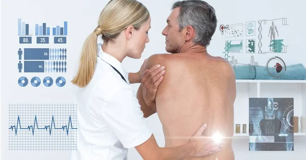 Composition Female Doctor Examining Male Patient Screens Medical Data Processing — Stockfoto