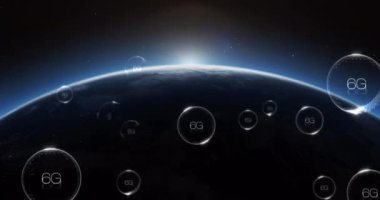 Yüzen 6G yazılı birden fazla baloncuk ve dünyanın mavi noktasında patlıyor. küresel ağ ve teknoloji kavramı