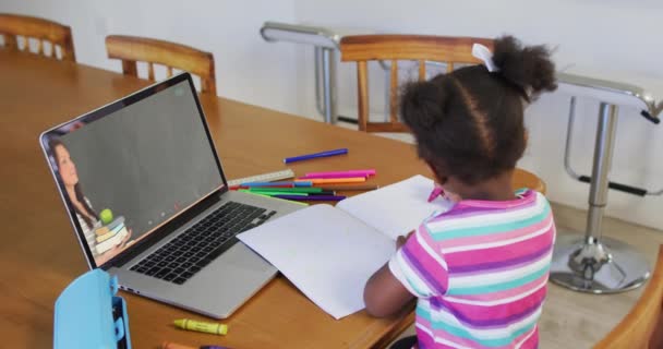 Afroamerykanka Odrabiająca Lekcje Podczas Rozmowy Wideo Laptopie Domu Kształcenie Odległość — Wideo stockowe