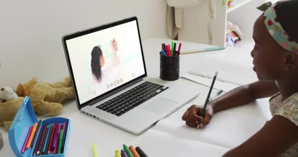 Ragazza Afroamericana Che Una Videochiamata Sul Computer Portatile Mentre Compiti — Video Stock