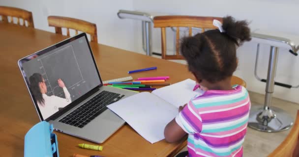 Afroameričanka Dělá Domácí Úkoly Zatímco Doma Videohovor Notebooku Distanční Vzdělávání — Stock video