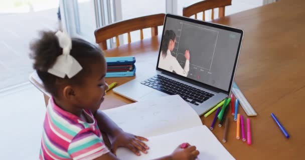 Afroamerykanka Odrabiająca Lekcje Podczas Rozmowy Wideo Laptopie Domu Kształcenie Odległość — Wideo stockowe