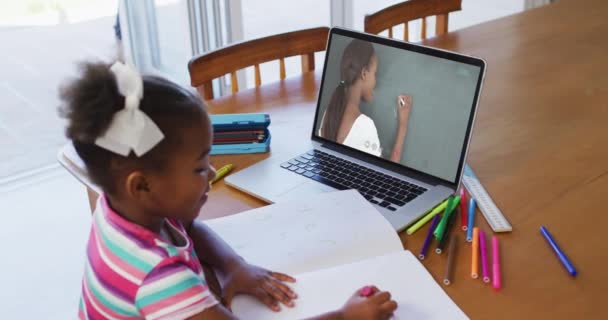 Ragazza Afroamericana Che Compiti Mentre Una Videochiamata Sul Computer Portatile — Video Stock