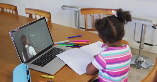 Afroamerykanka Odrabiająca Lekcje Podczas Rozmowy Wideo Laptopie Domu Kształcenie Odległość — Wideo stockowe