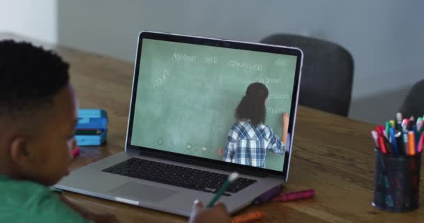 African American Boy Having Video Call Laptop While Doing Homework — Stock Video