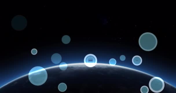 Digital Animation Flera Text Blå Cirklar Mot Blå Fläck Ljus — Stockvideo