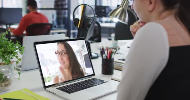 Caucasian Woman Having Video Call Male Female Office Colleague Laptop — Stock Video