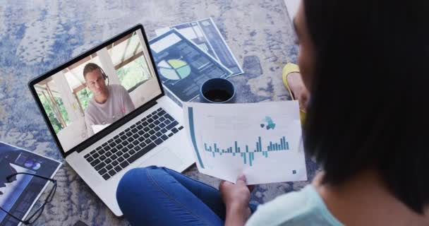 African American Woman Holding Document Having Video Call Laptop Home — Stock Video