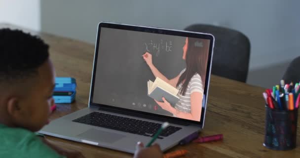 African American Boy Having Video Call Laptop While Doing Homework — Stock Video