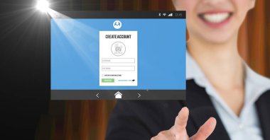 Arayüz hesabı kullanan gülümseyen iş kadınının bileşimi ekran oluşturur. küresel iş, iletişim ve dijital arayüz kavramı dijital olarak oluşturulmuş görüntü.