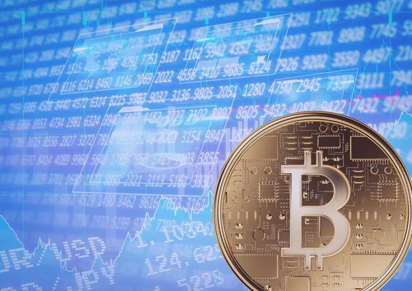 Gold Bitcoin Symbol Gegen Börsendaten Und Analyse Blauer Hintergrund Konzept — Stockfoto