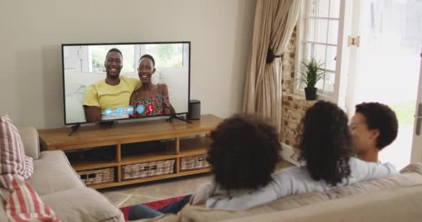 African American Family Having Video Call While Sitting Couch Home — Stock Video