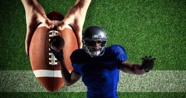 Amerikan futbolcunun sahaya top fırlattığı kompozisyon. spor etkinliği ve yarışma konsepti dijital olarak oluşturulmuş görüntü.