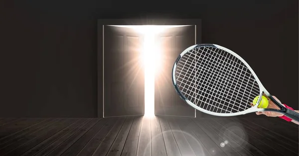 Composizione Tennista Possesso Racchetta Tennis Palla Con Luce Splendente Attraverso — Foto Stock