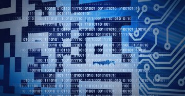 Bilgisayar devre kartının üzerindeki ikili kodlama işleminin bileşimi. küresel teknoloji, veri işleme ve dijital olarak oluşturulmuş görüntü konsepti.