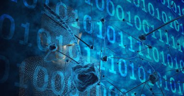 Covid 19 hücrenin bileşimi, insan büstü, mavi arka planda ikili kodlama. küresel koronavirüs salgını, teknoloji, bağlantılar ve dijital olarak üretilen ağ konsepti.