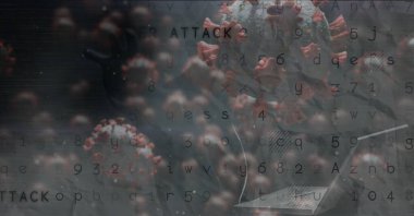 Kapüşonlu bilgisayar korsanının Coperid hücreli ve ekranında siber saldırı uyarısı olan dizüstü bilgisayarı kullanmasının bileşimi. küresel koronavirüs salgını ve siber güvenlik konsepti dijital olarak oluşturuldu.