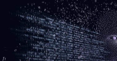 Siyah arkaplanda ikili kodlama ile oluşan insan yüzü bileşimi. küresel çevrimiçi güvenlik, teknoloji, bağlantılar ve dijital olarak oluşturulan ağ konsepti.