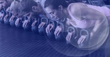 Spor salonunda ağırlık kaldıran, ışık lekeli formda insanların kompozisyonu. spor, fitness ve aktif yaşam tarzı konsepti dijital olarak oluşturulmuş görüntü.