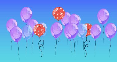 Mavi arka planda birden fazla kırmızı ve mor balon bileşimi. parti ve kutlama konsepti dijital olarak oluşturulmuş görüntü.