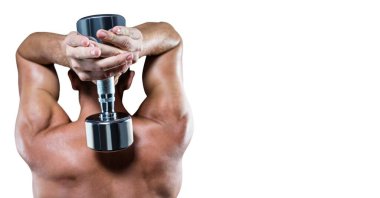 Beyaz arka planda dambıllarla egzersiz yapan kaslı adamın bileşimi. spor, fitness ve aktif yaşam tarzı konsepti dijital olarak oluşturulmuş görüntü.