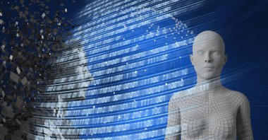 Patlayan insan büstleri ve dünya üzerindeki ikili kodlama işleminin bileşimi. küresel teknoloji, veri işleme ve dijital olarak oluşturulmuş görüntü konsepti.