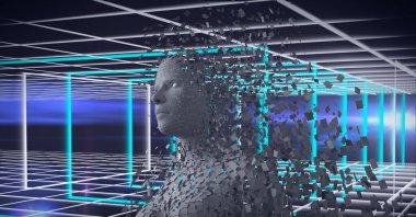 Gri parçacıklar ve mavi ve beyaz çizgilerden oluşan patlayan insan büstü bileşimi. küresel çevrimiçi kimlik ve güvenlik kavramı dijital olarak oluşturulmuş görüntü.