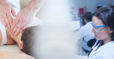 Masaj ve hareket bulanıklığı olan çeşitli bilim adamlarının bileşimi. tıbbi bilim ve teknoloji konsepti dijital olarak oluşturulmuş görüntü.