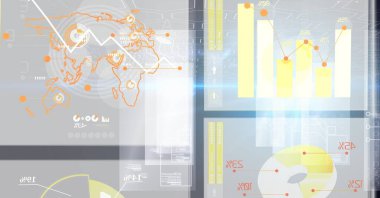 Bilgisayar dünyası haritası ve ekranları üzerinde işlenen istatistiklerin bileşimi. küresel teknoloji, veri işleme ve dijital olarak oluşturulmuş görüntü konsepti.