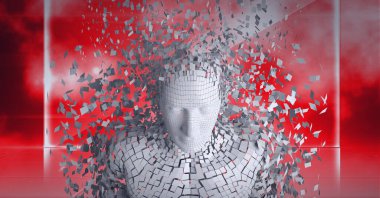 Kırmızı arka planda patlayan gri parçacıklarla oluşan insan büstü bileşimi. küresel teknoloji, veri işleme ve dijital olarak oluşturulmuş görüntü konsepti.