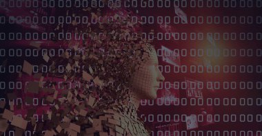 İkili kodlama üzerine parçacıklardan oluşan patlayan insan büstü bileşimi. küresel bilim, iş, teknoloji, bağlantılar ve dijital olarak oluşturulan ağ konsepti.