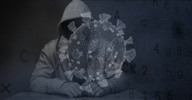 Monochrome composition of hooded hacker with covid cell and cyber attack security message on screen. global coronavirus pandemic and cyber security concept digitally generated image. clipart