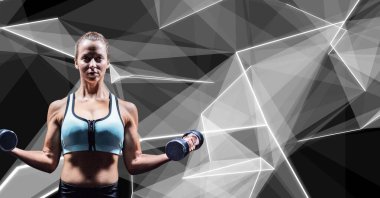 Halterli, fotokopi odasıyla egzersiz yapan beyaz kadın kompozisyonu. spor, fitness ve aktif yaşam tarzı konsepti dijital olarak oluşturulmuş görüntü.