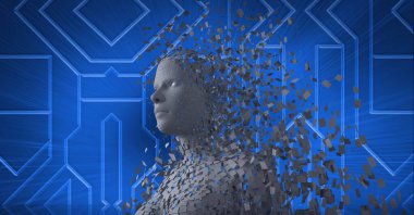 Patlayan insan büstü bileşimi gri parçacıklar ve arka planda mavi devre kartı ile oluşmuş. küresel çevrimiçi kimlik ve güvenlik kavramı dijital olarak oluşturulmuş görüntü.