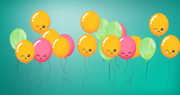 Composition Multiple Pink Green Yellow Balloons Faces Green Background Party — Stock Photo, Image