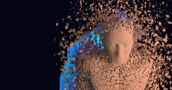 Composition of exploding human bust formed with orange particles and blue glowing screen. global science, technology and data processing concept digitally generated image.
