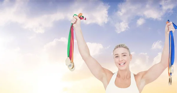 Composition Strong Smiling Caucasian Female Athlete Holding Medals Sky Sport — Stock Photo, Image