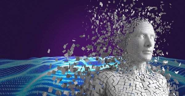 Состав взрывающегося человеческого бюста, образованного белыми частицами и бинарным кодированием. глобальная наука, технологии и концепция обработки данных в цифровом виде.