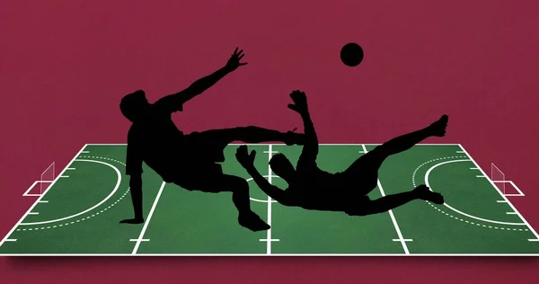 Composition Silhouettes Football Players Football Pitch Red Background Sport Event — Stock Photo, Image