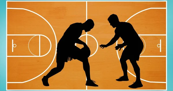 Composición Siluetas Jugadores Baloncesto Sobre Cancha Baloncesto Evento Deportivo Concepto — Foto de Stock