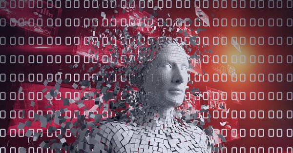Состав взрывающегося человеческого бюста, образованного частицами над двоичным кодированием. глобальная наука, бизнес, технологии, связи и сетевая концепция.