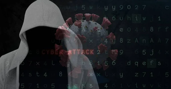 Σύνθεση Του Hooded Hacker Covid Cell Και Μήνυμα Προειδοποίησης Επίθεσης — Φωτογραφία Αρχείου